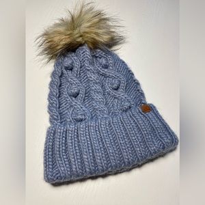 David and Young Braided Knit Beanie with Faux Fur Pom.